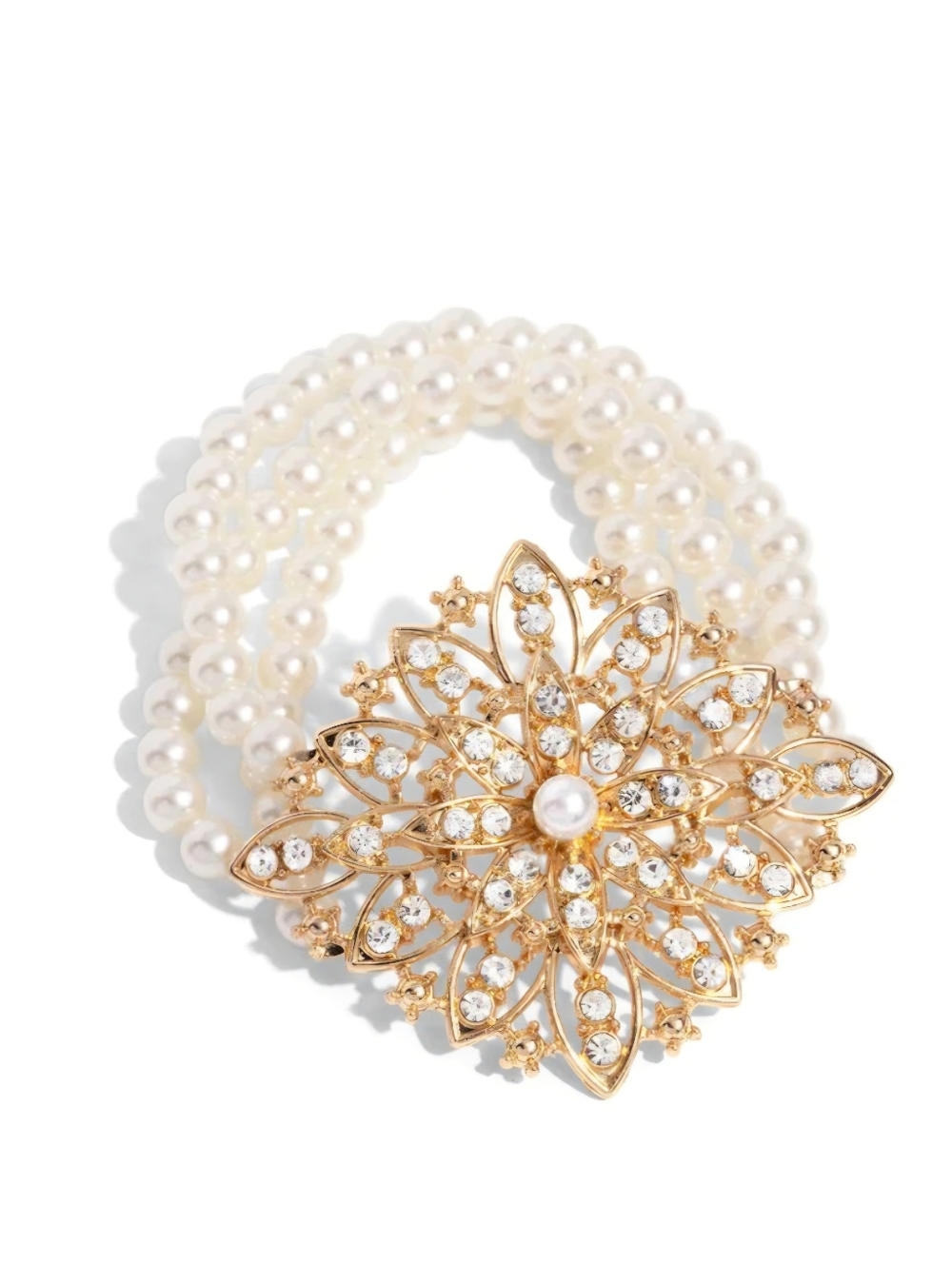 Bracelet Multi Strand Faux Pearl Stretch  Large Gold Crystal Centerpiece Charm